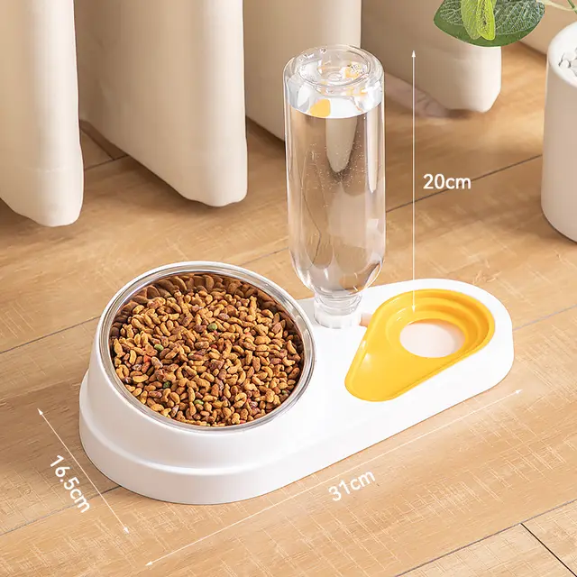White And Yellow Pet Bowl Set with Automatic Gravity Water Dispenser - Stainless Steel…
