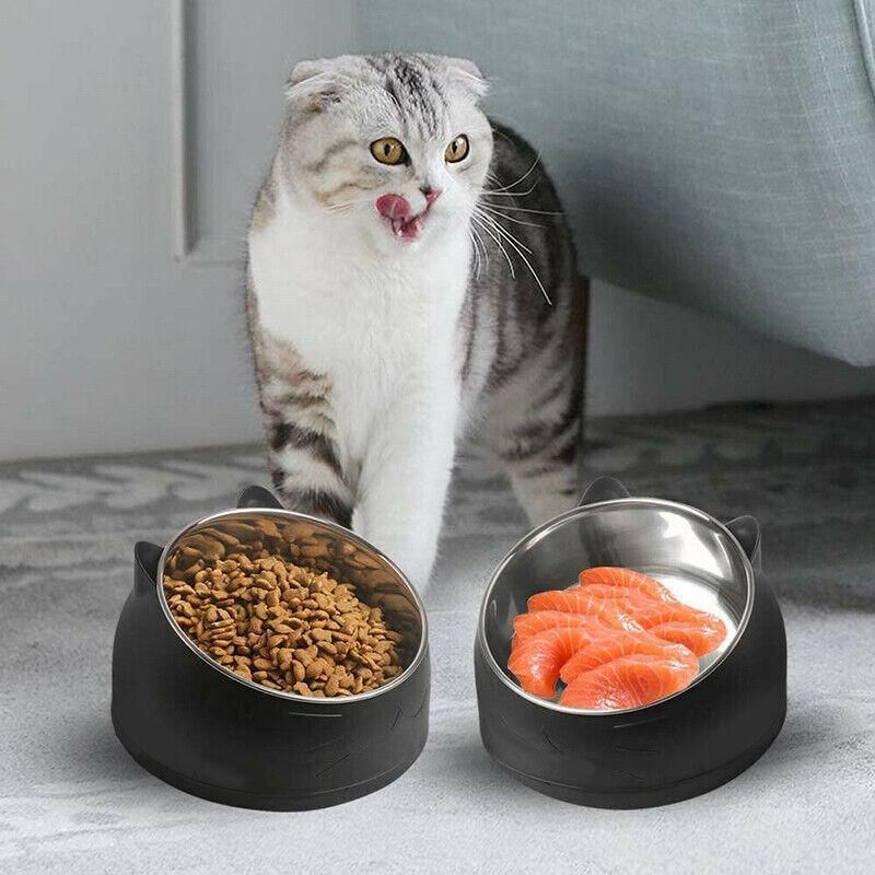 Pet Dog Cat Food Bowl Raised No Slip Stainless Steel Tilted Water Food Feeder - Green image 4