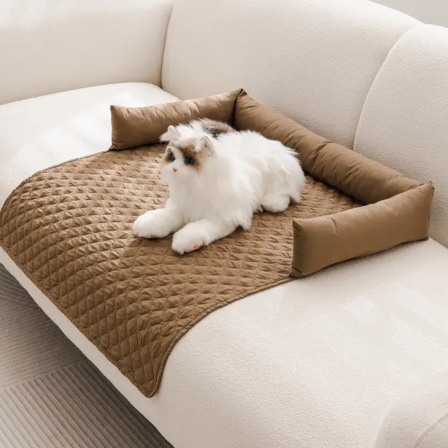 90*90CM Brown Waterproof & Scratch-Resistant Pet Sofa Protector Mat with Pillow