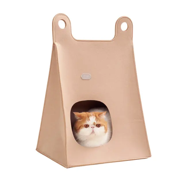 Khaki Cozy A-Frame Felt Pet Teepee - Foldable & Portable Cat Cave Bed with Easy Carry…