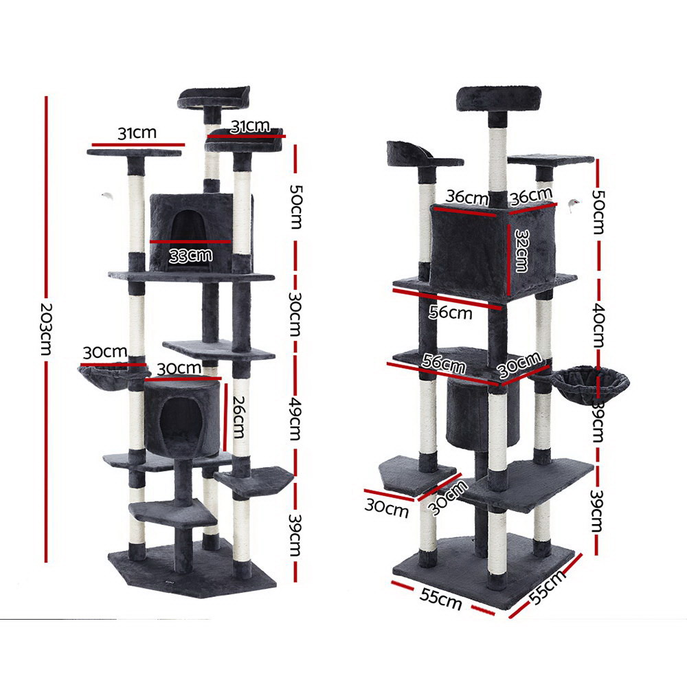i.Pet Cat Tree 203cm Tower Scratching Post Scratcher Condo Trees House Bed Grey image 2
