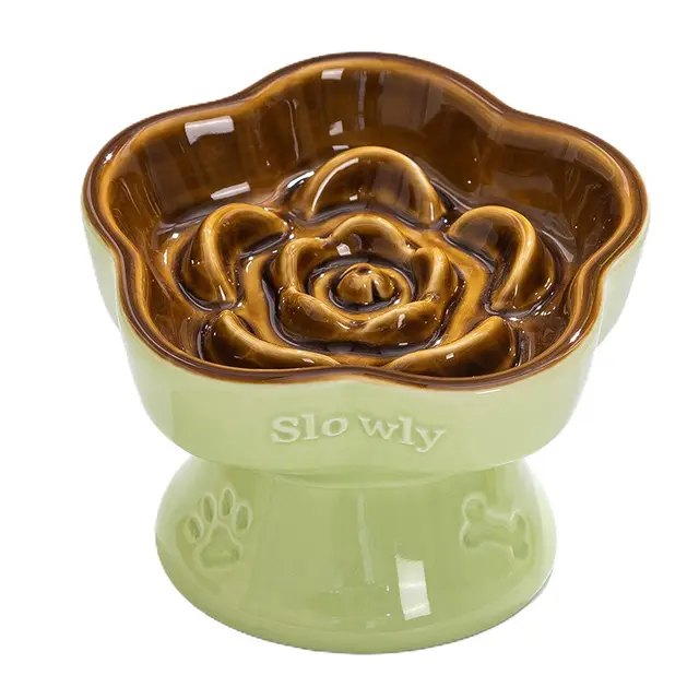 Green and Brown Ceramic Slow Feeder Pet Bowl for Cats and Small Dogs - Anti-Choke…