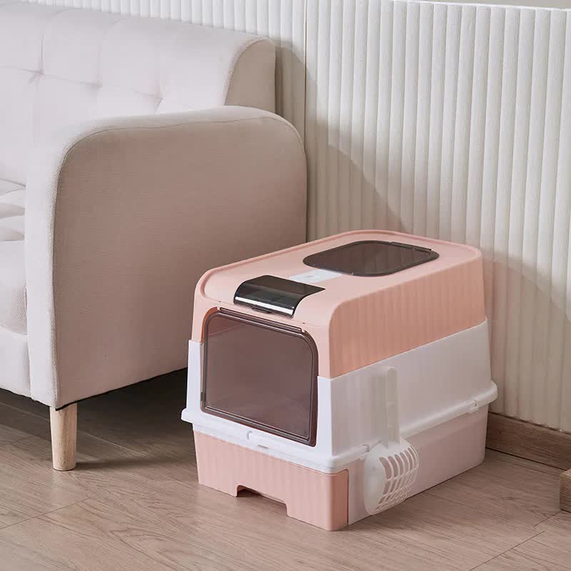Pink Large Enclosed Cat Litter Box with Drawer and Scoop-Odor Control