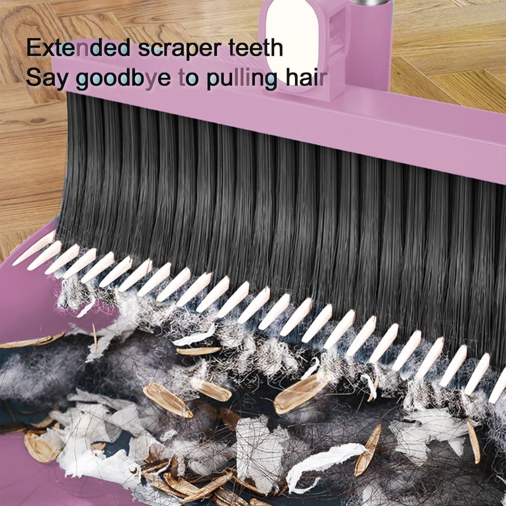 Pink Rotatable Broom and Dustpan Set with Self-Cleaning Scraper Teeth image 4