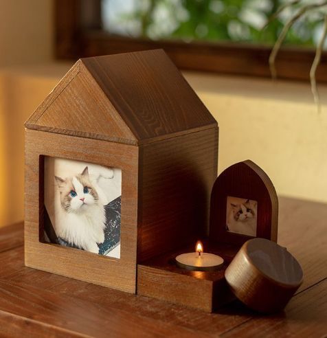 Pet Urn Nostalgia Passing Away Dog Cat Cabin Urn with Photo Frame Pet Coffin - Brown… image 9