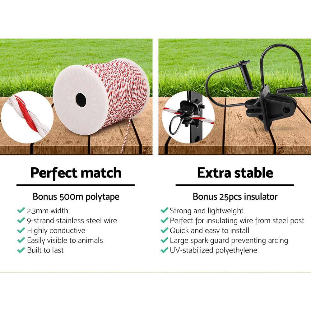 Giantz Fence Energiser 5KM Solar Powered Electric 500M Poly Wire Insulator image 5