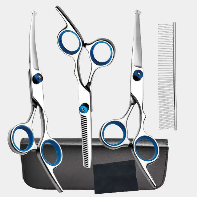 Blue and Silver Complete 5-Piece Pet Grooming Scissors Kit - Stainless Steel Straight