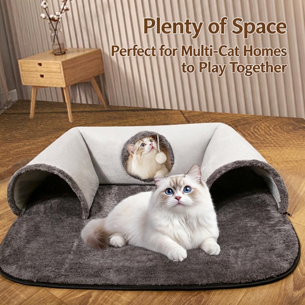 Fleece Arch Cat Tunnel Bed with Pom Ball Peekaboo Nest Detachable Mat Grey…, 70 × 85cm image 2