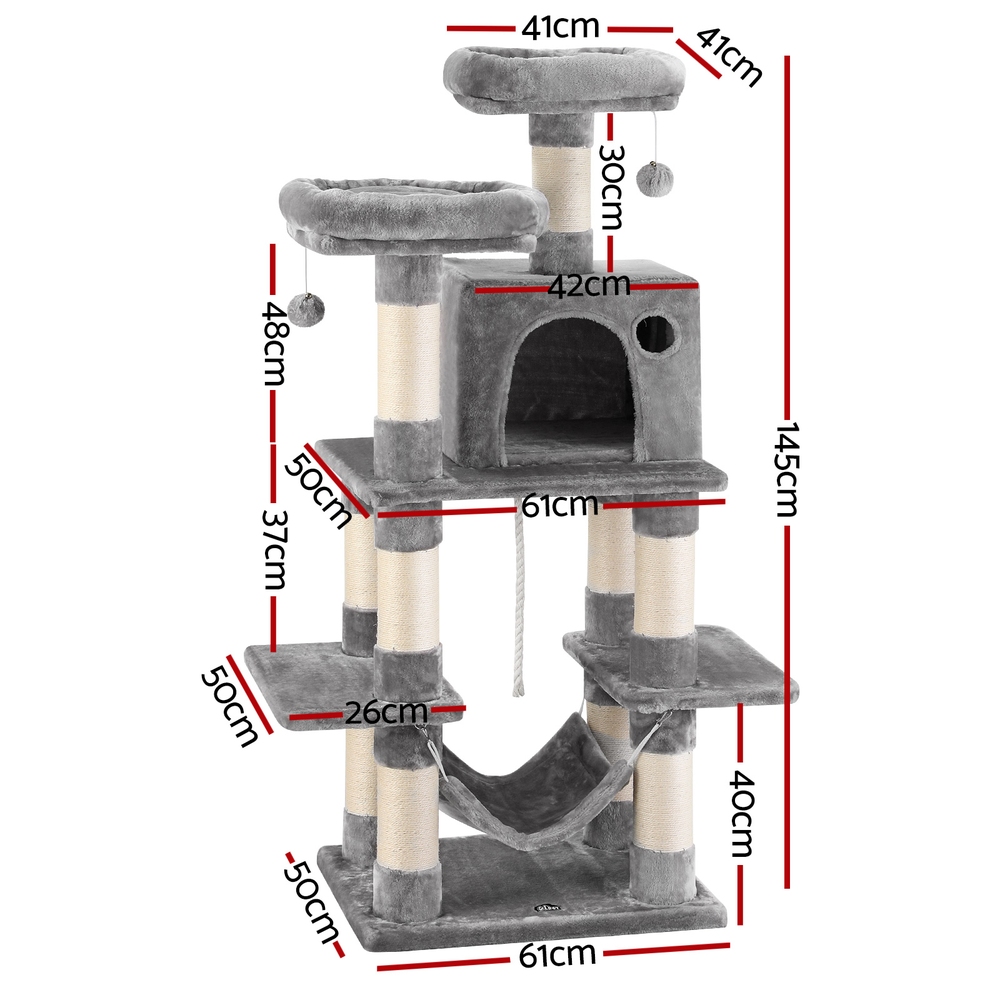 i.Pet Cat Tree 145cm Tower Scratching Post Trees Scratcher Condo House Light Grey image 2