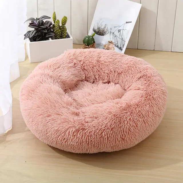 Round Warm Faux Fur Pet Bed Washable 110cm Giant Light Pink Furry Donut Cushion for…