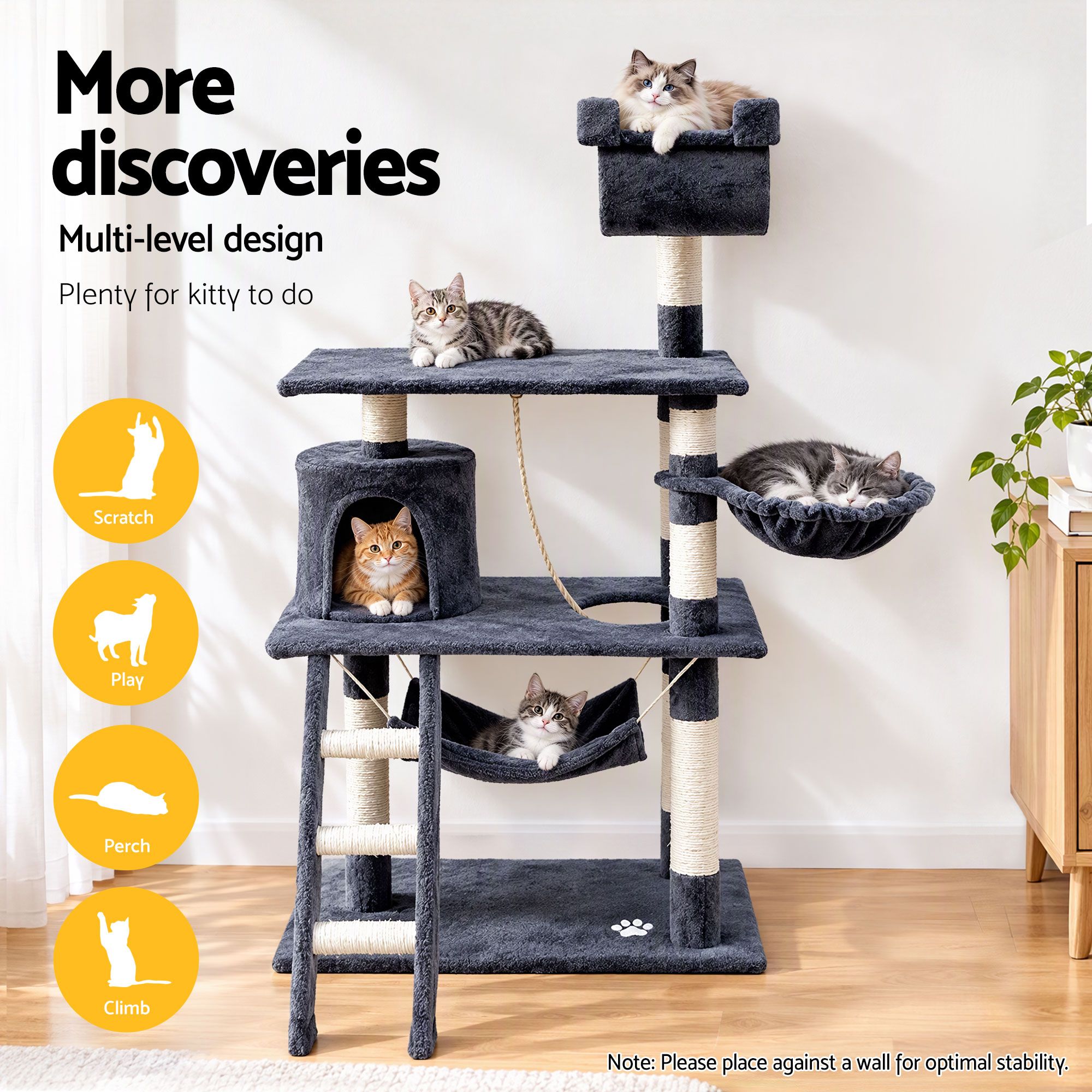 i.Pet Cat Tree 141cm Tower Scratching Post Scratcher Condo Wood House Bed Grey image 7