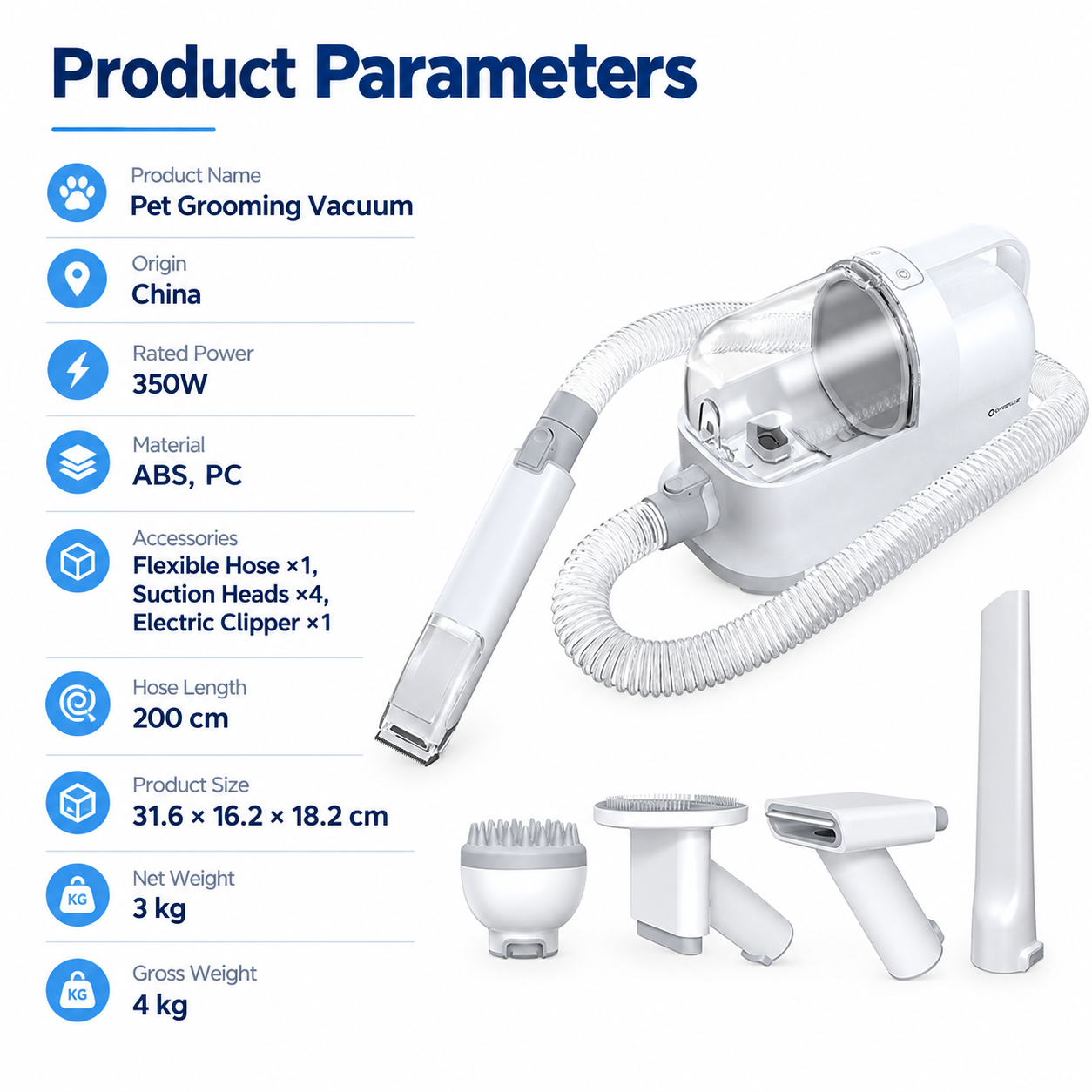 Five-in-One Pet Grooming Vacuum Kit with Clippers, White image 2
