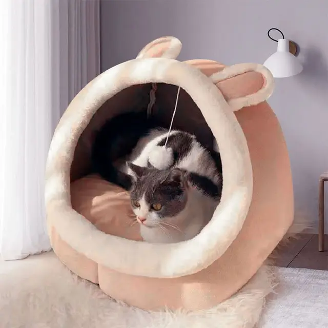 Pink Half-Enclosed Cat Bed - Soft Short Velvet Fabric with Sponge +…, 35 × 35 × 30cm