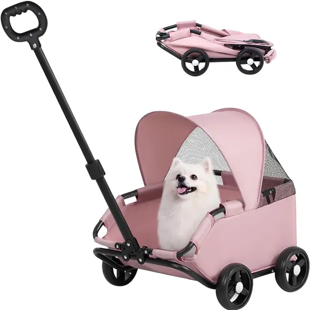 4-Wheel Dog Stroller with Sunshade Cover Collapsible Mesh Canopy Portable Pet…, Pink