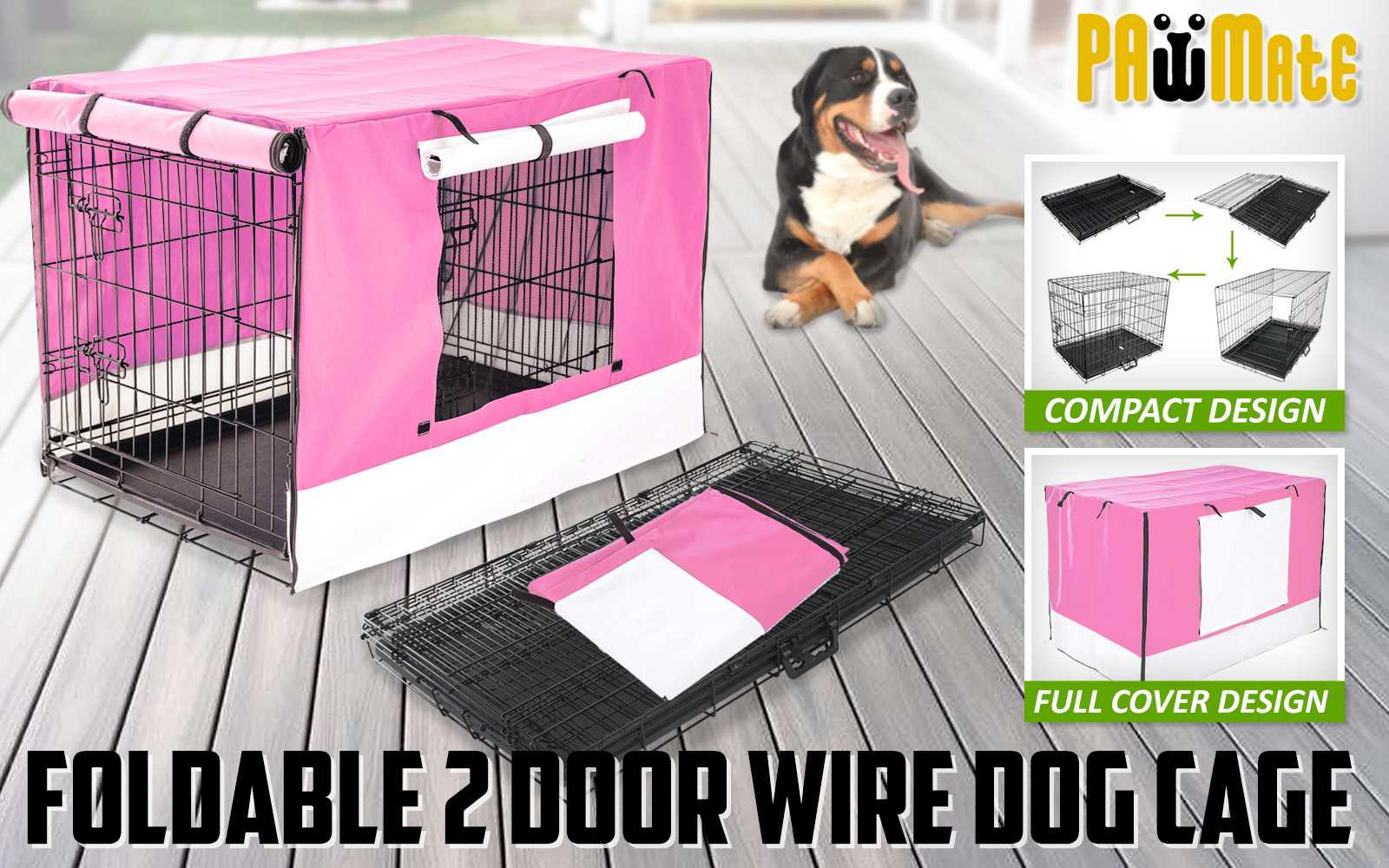 Wire Dog Cage Foldable Crate Kennel 42in with Tray + PINK Cover Combo image 2