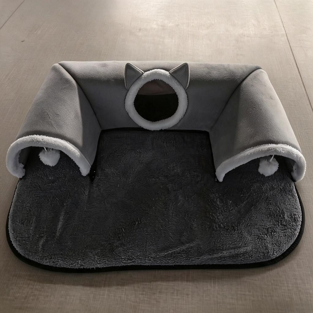 Fleece Arch Cat Tunnel Bed with Pom Ball Peekaboo Nest Detachable Mat Grey…, 70 × 85cm