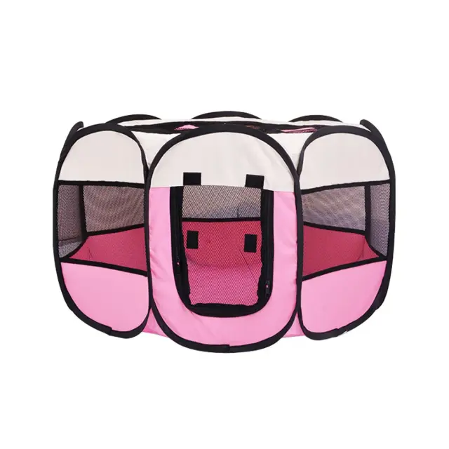 Pet Fence Indoor Cat Dog Tent Octagonal Fence Portable Foldable Cage Kennel - S-Pink