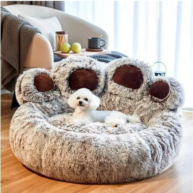 Gray Double-Strands Grey Furry Dog Bed with Paw Design, 90cm