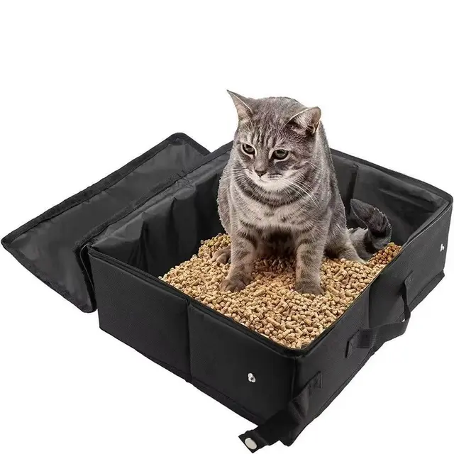 Black Portable Foldable Cat Litter Box - Waterproof Travel Litter Pan for Cats
