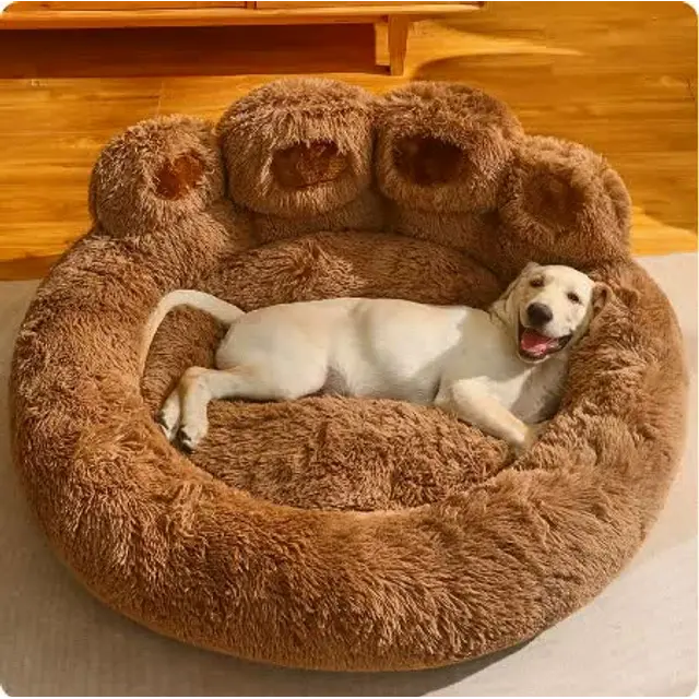Diameter 90cm Brown Plush Dog Bed with Paw Design - Ultra Soft Round Pet Sofa for…