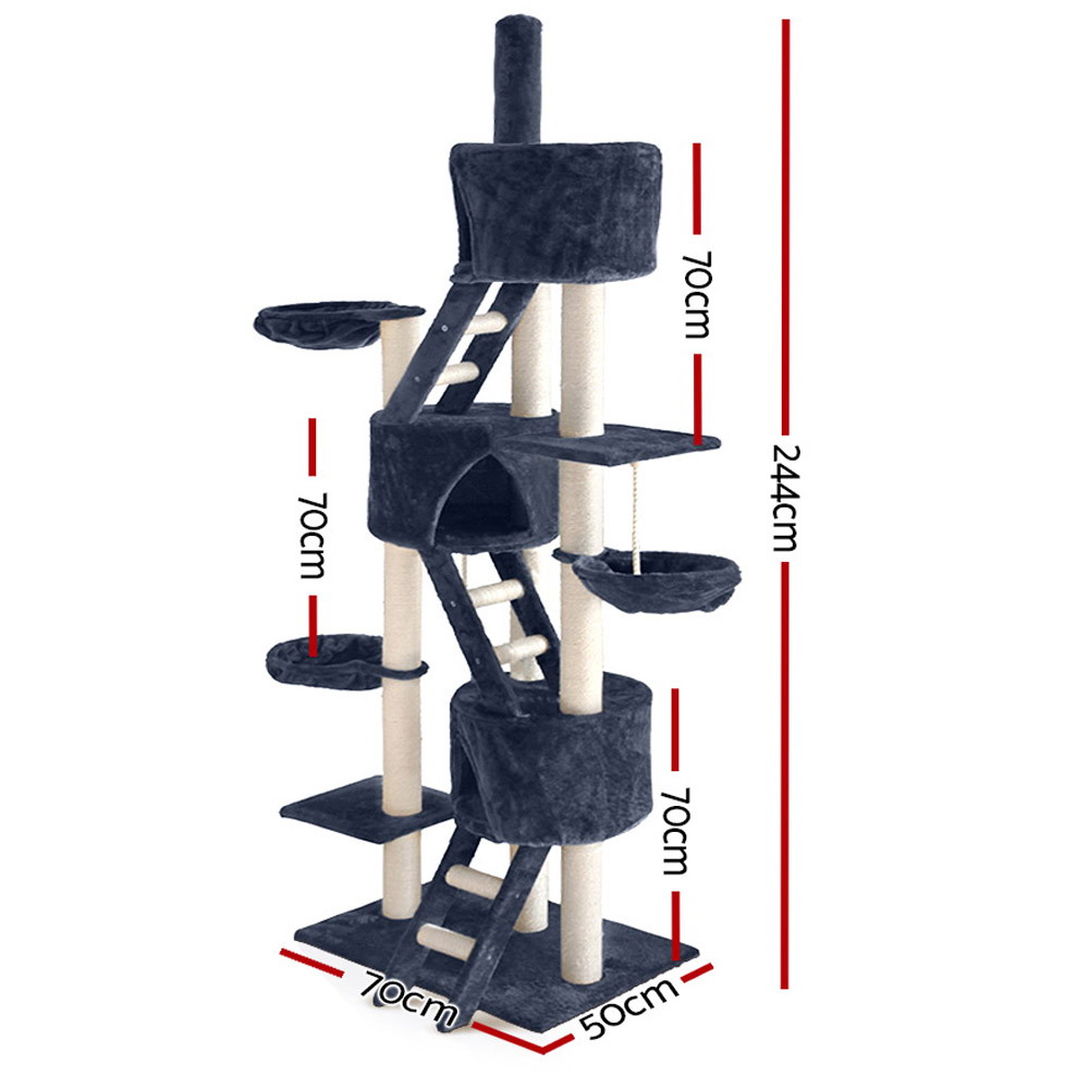 i.Pet Cat Tree 244cm Tower Scratching Post Scratcher Trees Condo House Grey image 2