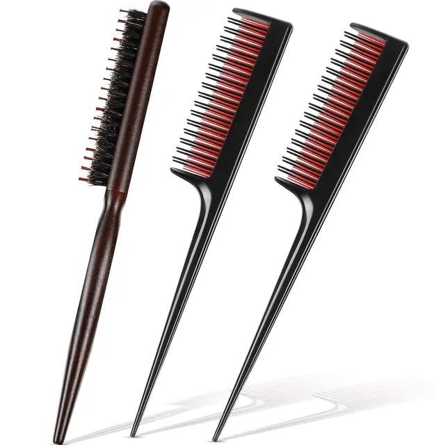 3 Pcs Hair Teasing Comb Set Includes 2 Nylon Triple Comb and Boar…, Black, 3 Piece
