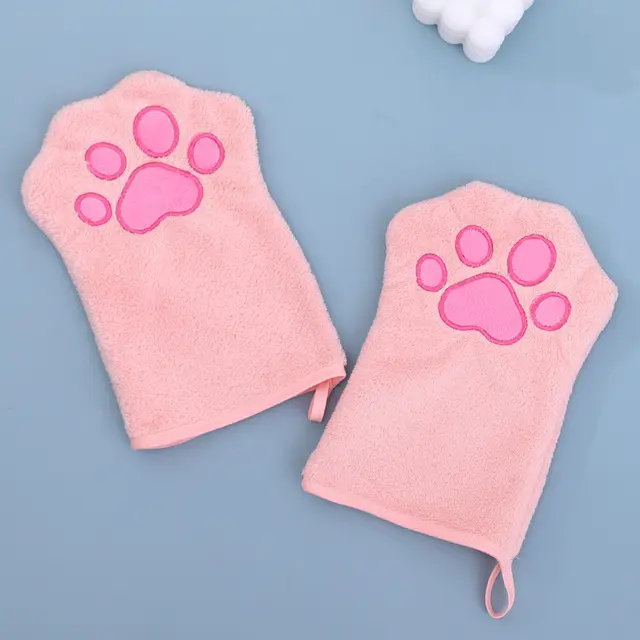 Adorable Pet Paw Grooming & Drying Mitt - Super Absorbent Fleece Material, Pink