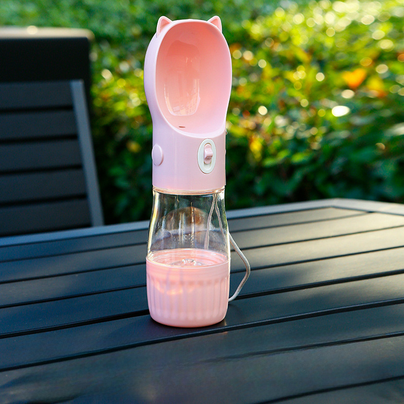 Pink Portable Dog Water Bottle with Built-in Bowl Dispenser - 250ml Water