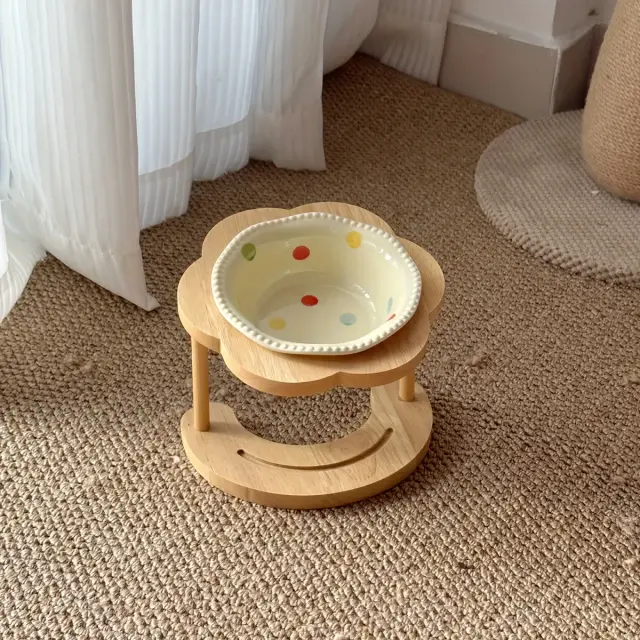 Ceramic Pet Feeder with Wood Stand