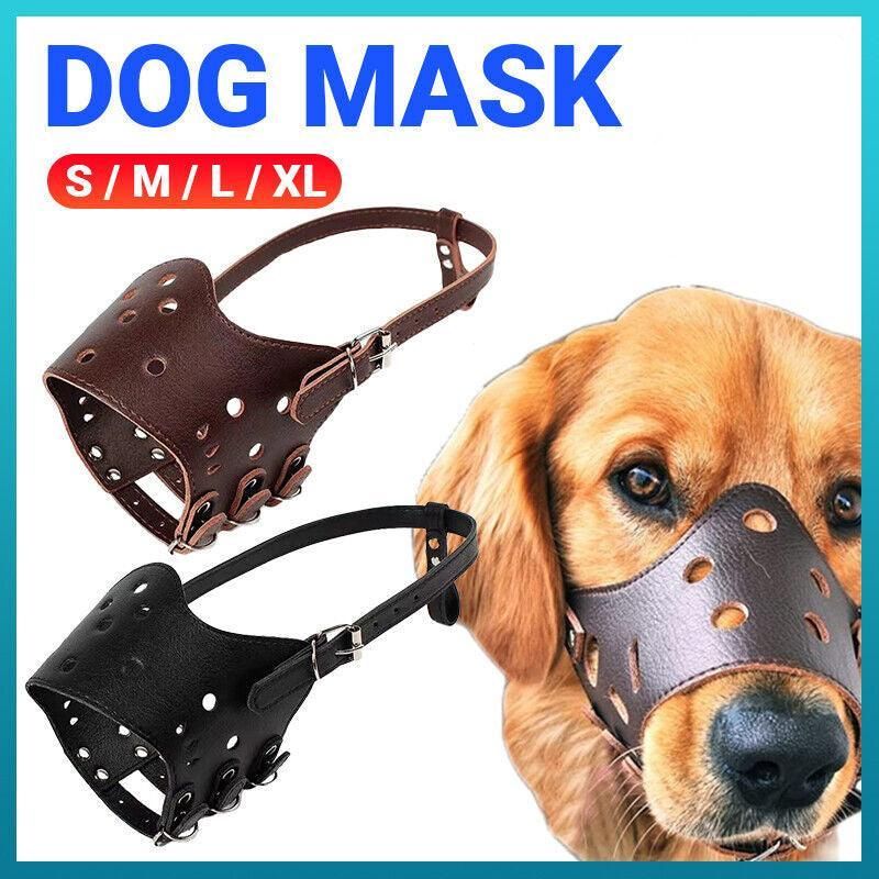 Adjustable Leather Pet Dog Mask Mouth Muzzle Anti Barking Bite Stop Chewing Brown - L image 2