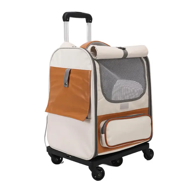 Beige Large Capacity Breathable Foldable Pet Trolley - Travel Cat Carrier with Wheels…
