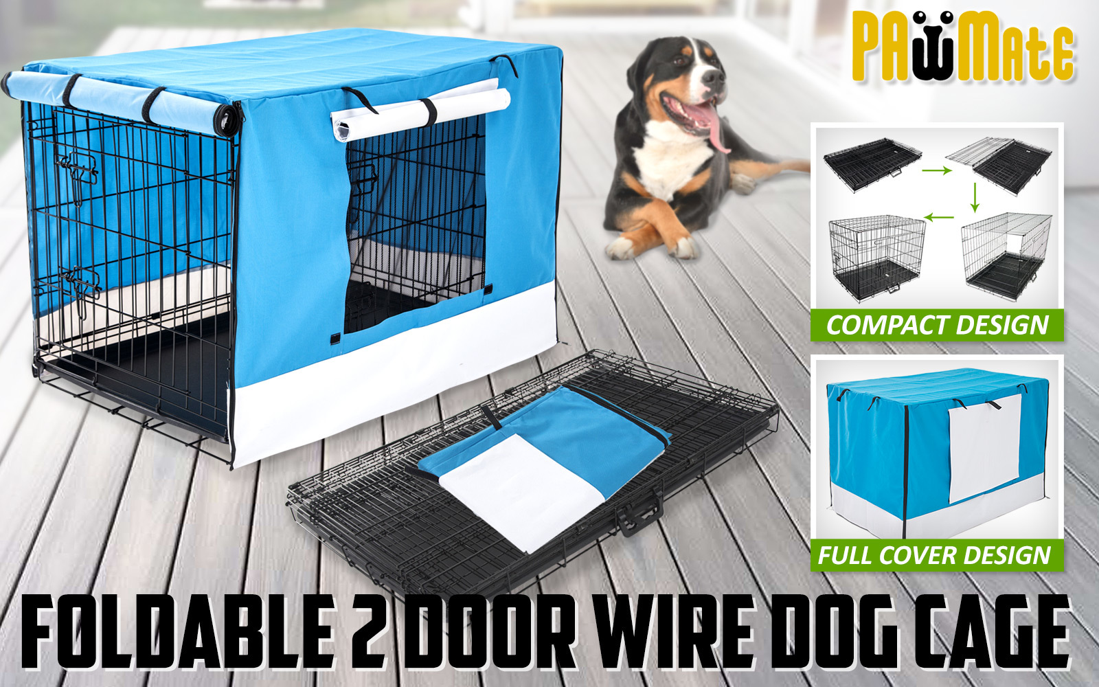 Wire Dog Cage Foldable Crate Kennel 24in with Tray + BLUE Cover Combo image 2