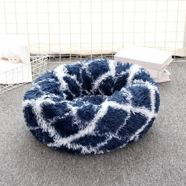 60cm Textured Navy Blue Deep Rim Donut Pet Cushion - Washable Faux Fur Warm Nest…