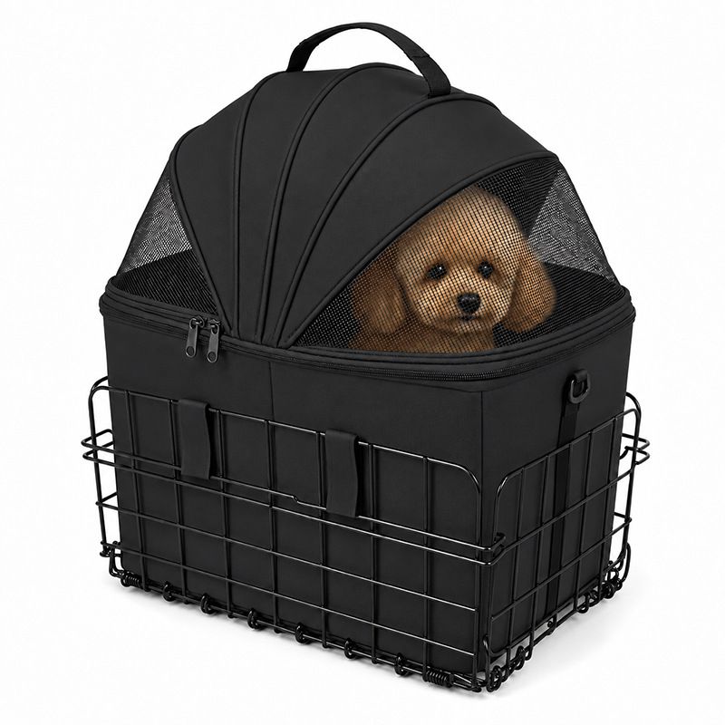 Foldable Bicycle Rear Rack Pet Carrier Bag with Metal Wire Basket, Black image 5