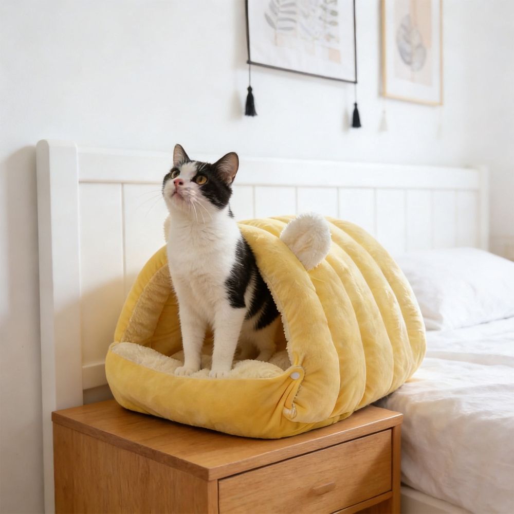 Yellow S Plush Tree Hole Nest For Cats And Small Dogs Winter Warm Semi Enclosed Bed image 5