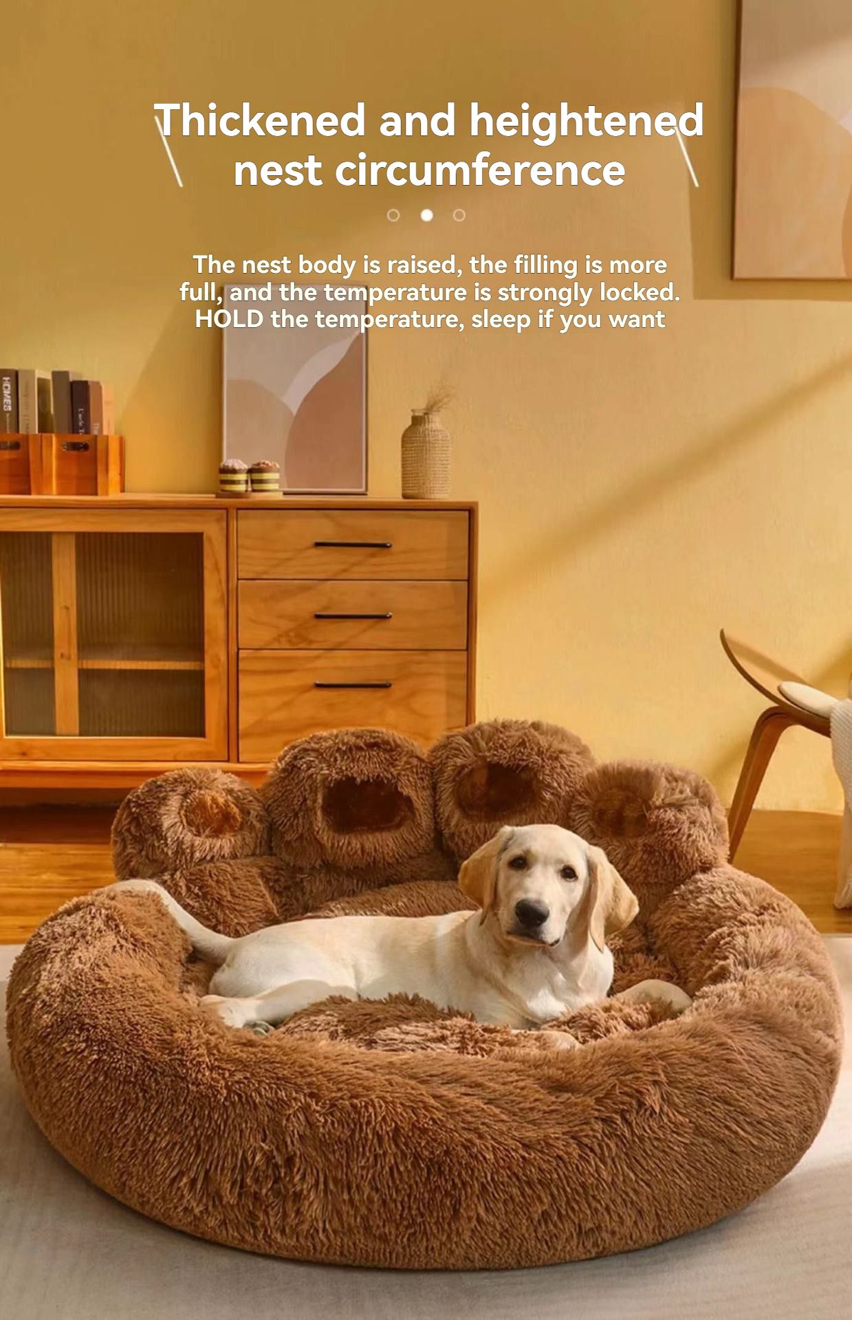 Red Double-Silk Red Fleece Dog Bed with Paw Design, 90cm Diameter image 2