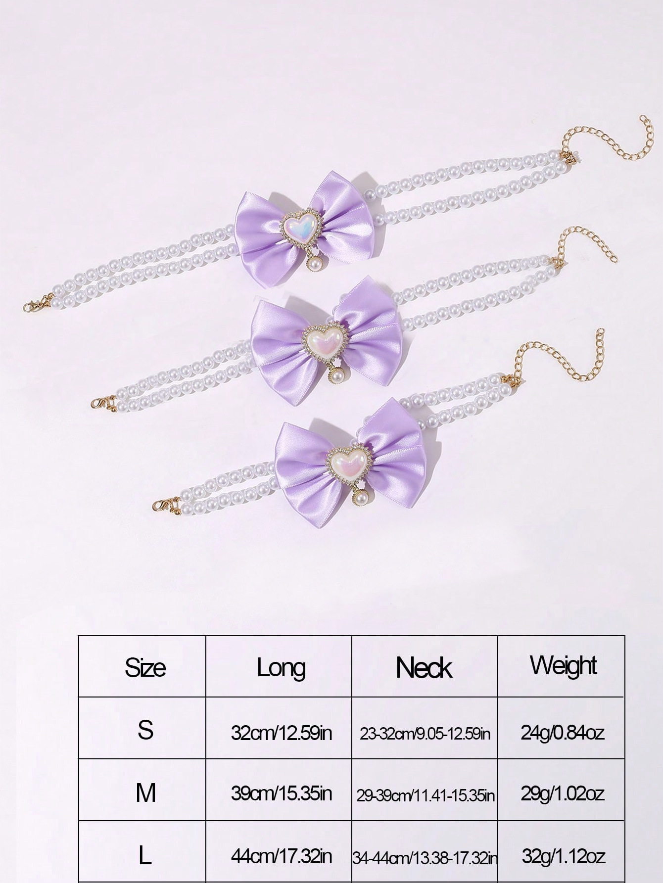 2 - PCS Cute Pet Pearl Necklace Collar with Purple Bow and Heart Charm - Size L image 3
