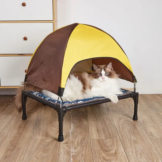 Elevated Pet Cot with Detachable Canopy and Plush Mat, Yellow