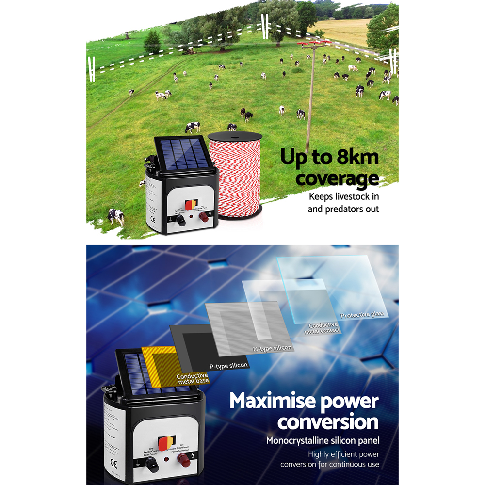 Giantz Fence Energiser 8KM Solar Powered Electric 500M Poly Rope image 4