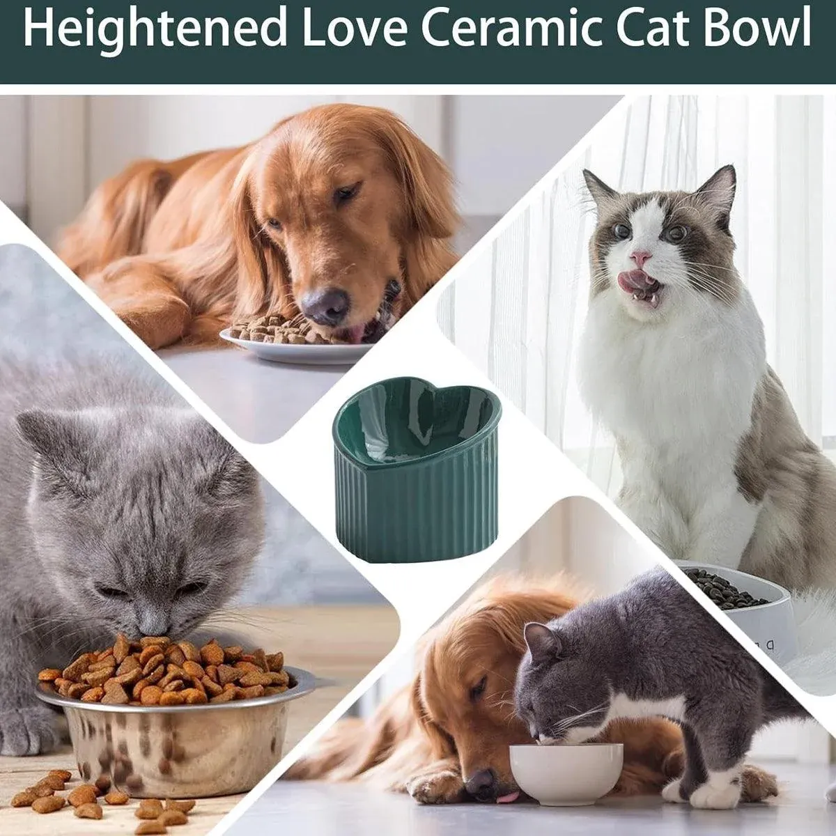 Love Shape Slanted Cat Bowl Ceramic Pet Bowl for Cats Food Water Feeding Dish - Black image 5