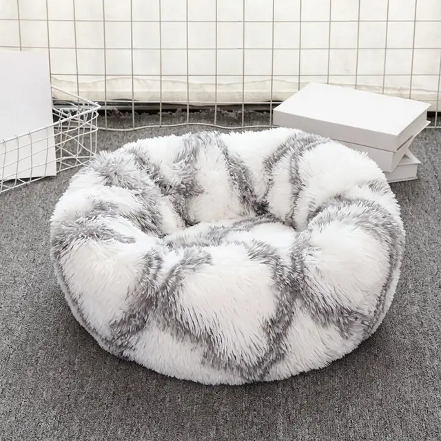 Deep-Relief Shaggy Faux Fur Pet Bed in Marble Grey & White