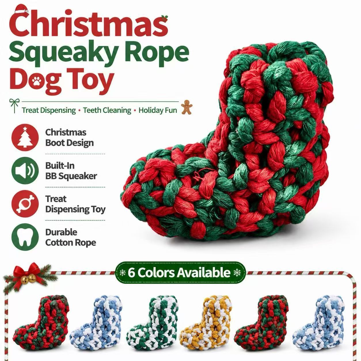 Cotton Rope Squeaky Treat-Dispensing Boot Dog Toy for Small/Medium Dogs, Green image 2
